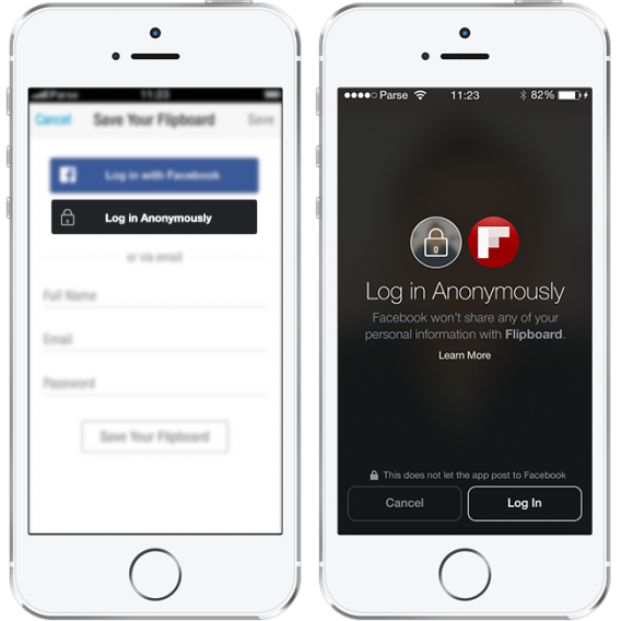 Facebook Flipboard anonymous login 