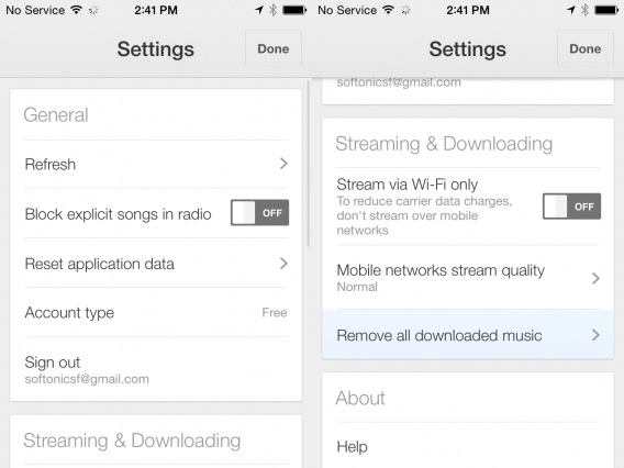 Google Play Music for iOS settings