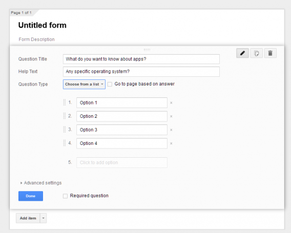 Google Forms choose from a list