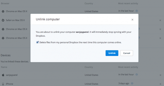Dropbox remote wipe feature