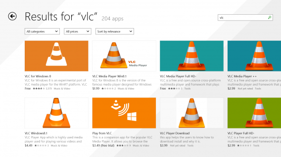 VLC for Windows 8 fake apps