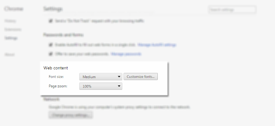 chrome settings web content