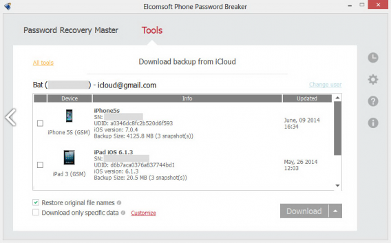 Elcomsoft Password Breaker download backup from iCloud
