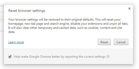 Google Chrome Reset Browser Settings warning
