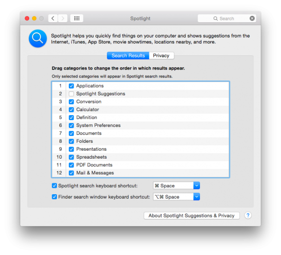 OS X Yosemite Spotlight options