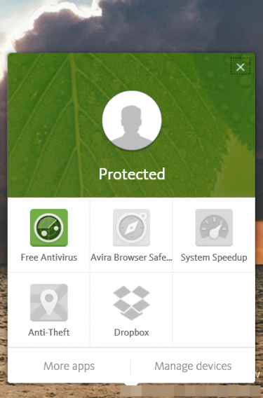 Avira pop up menu