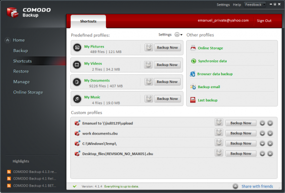 Comodo BackUp profiles Comodo BackUp profiles
