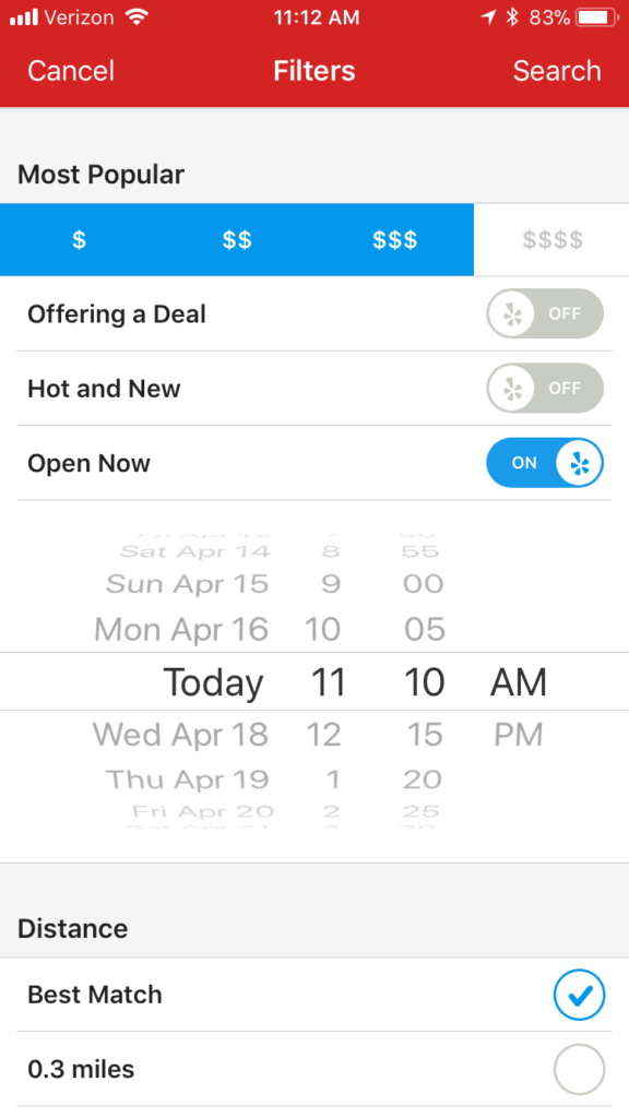 Yelp filters