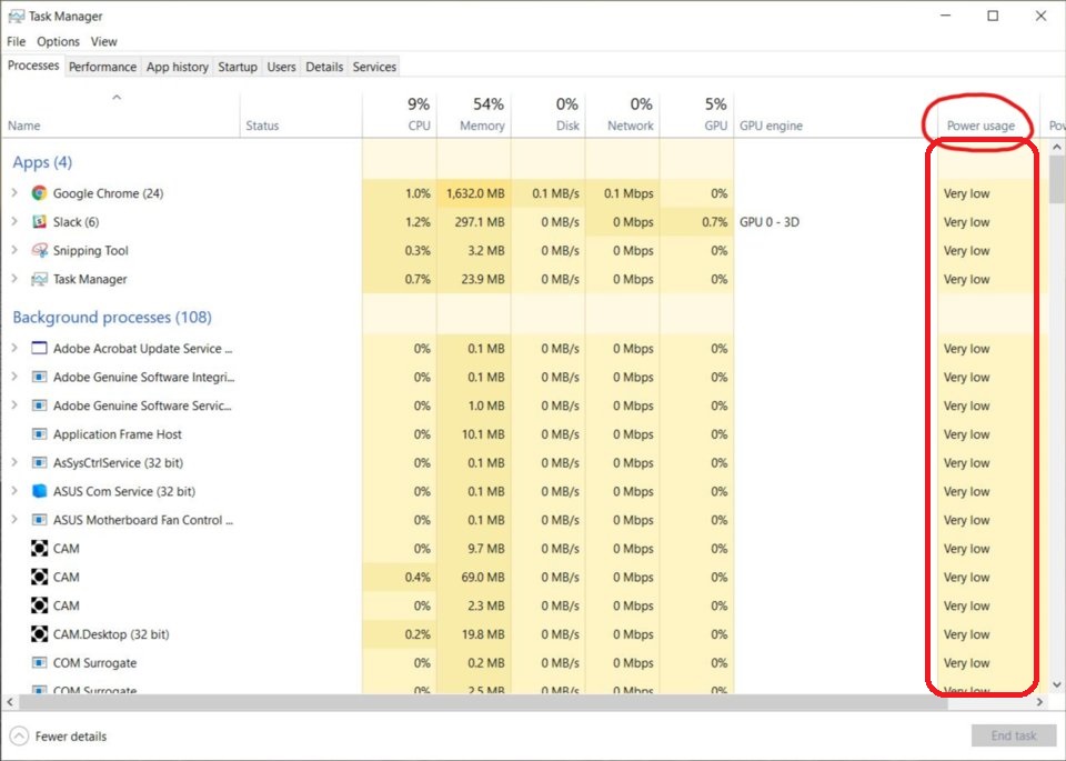 New power usage column shows how much energy tasks are using