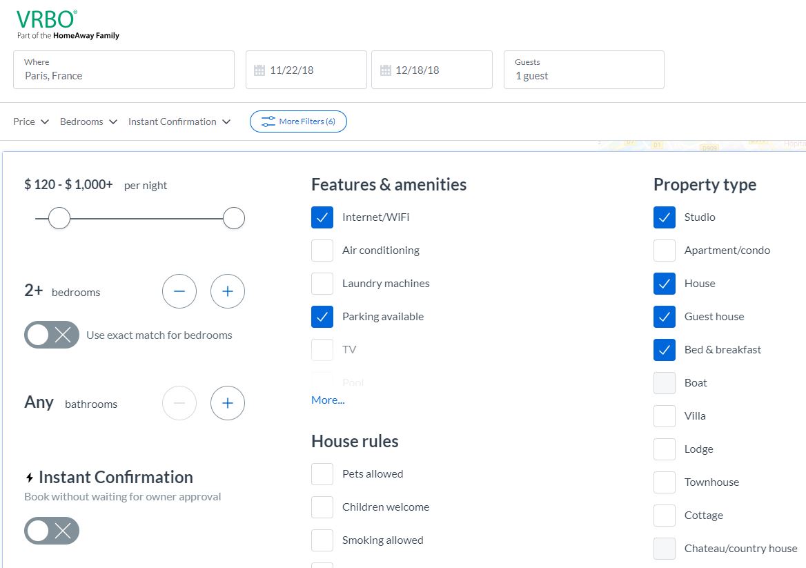 VRBO lets you adjust filters 'till your heart's content