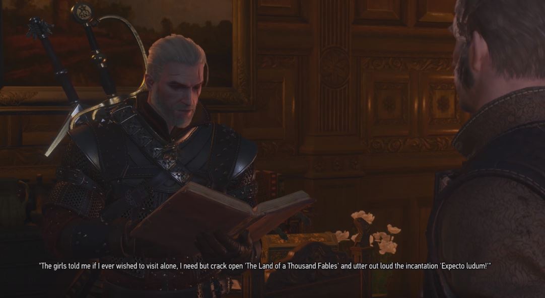 Geralt reading Land of a Thousand Fables Regis Blood and Wine