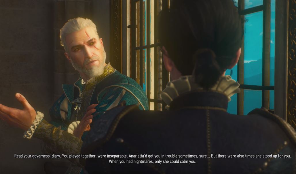 Geralt talks to Syanna at the window Blood and Wine