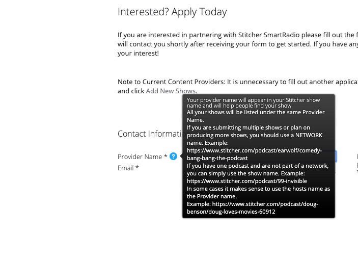 apply to be a stitcher content creator