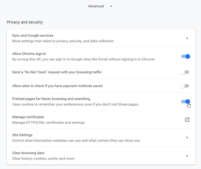 Google prefetch feature Chrome