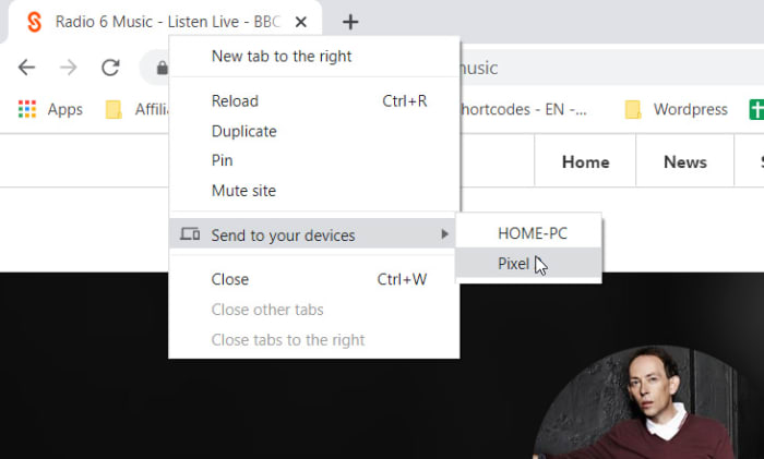 Send tabs to other devices on Chrome