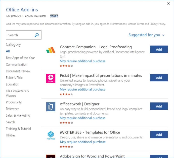 Office add-in store