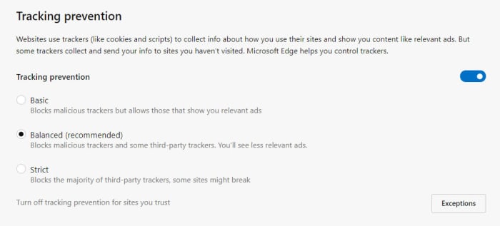 turn off trackingon Microsoft Edge