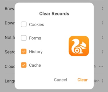 Clear browser history on UC Browser
