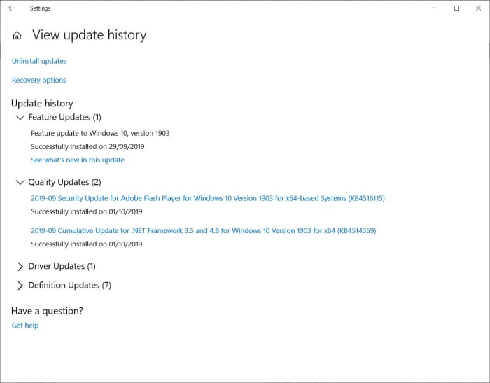 Windows 10 update history