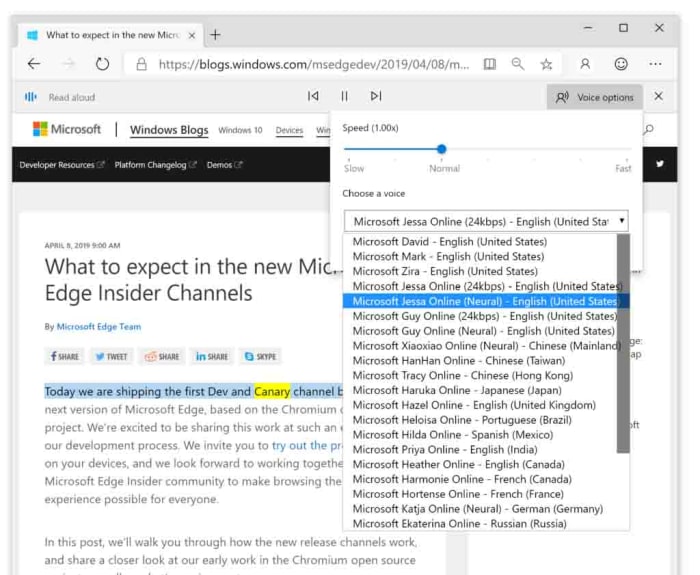 Microsoft Edge Nureal voice read aloud