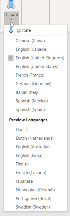 The Dictate 365 languages
