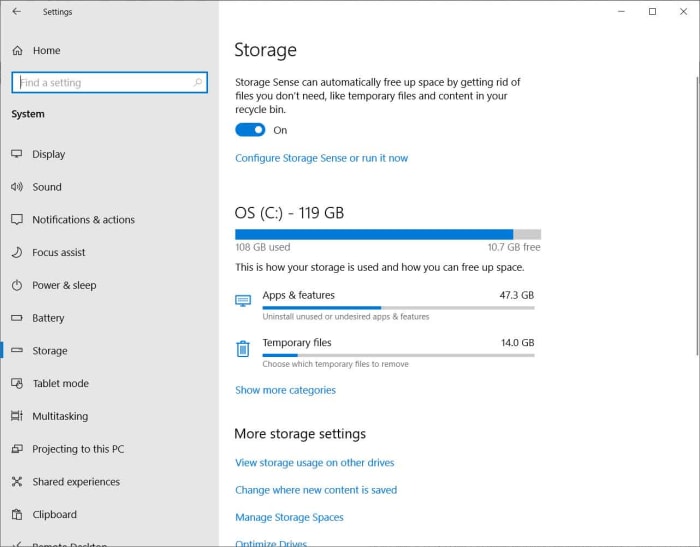 sTORAGE wINDOWS 10 MENU