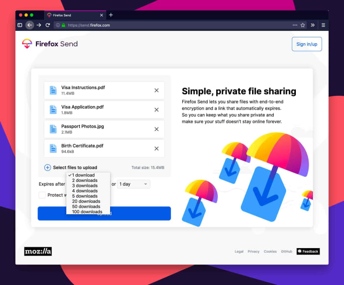 A screenshot of Firefox Send