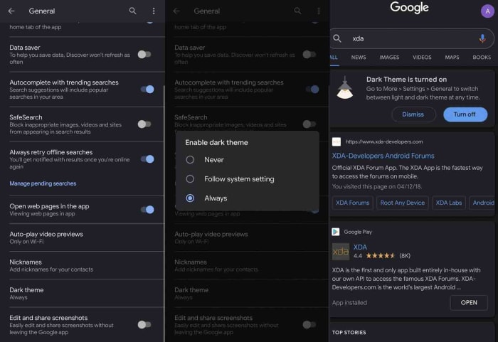 screenshots of the new google dark mode
