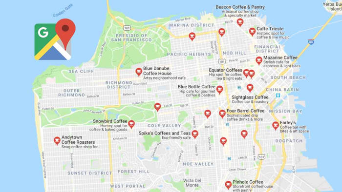Google Maps with local businesses in San Francisco