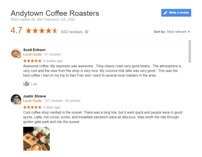 Google reviews of local business