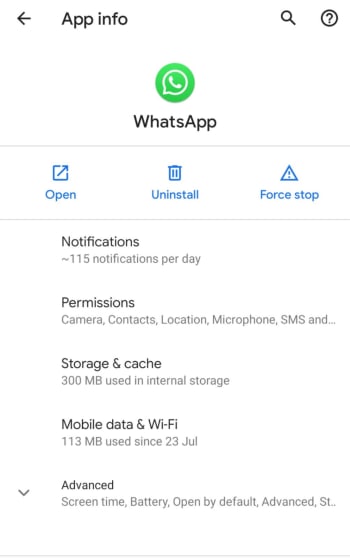 WhatsApp app info on Android