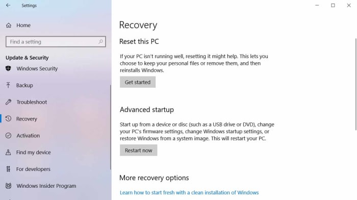 Win 10 Settings Recovery menu