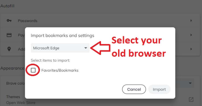 Brave select browser Import bookmarks 