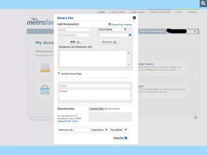MetroFax interface