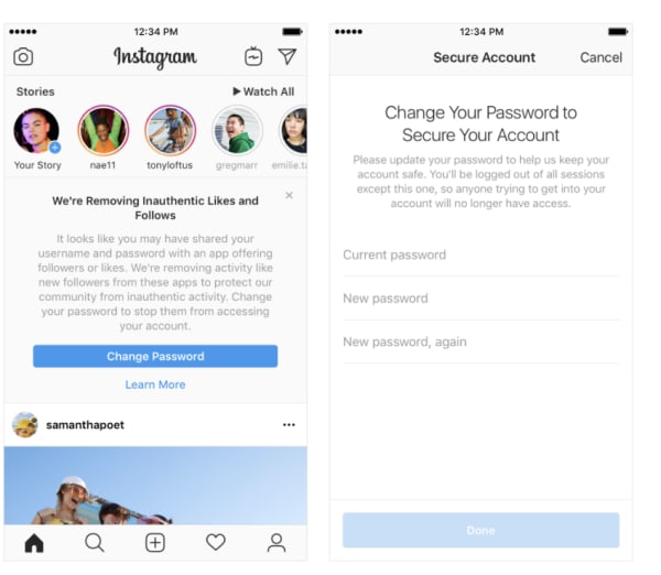 Inauthentic activity warning on Instagram