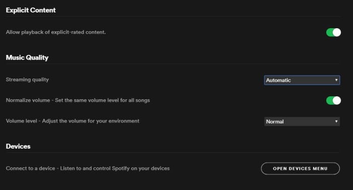 Spotify Settings menu Music Quality