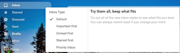 Inbox layout on Gmail