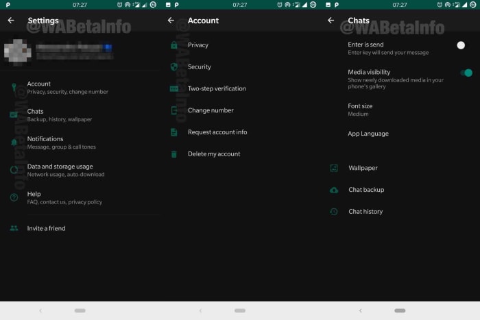 Screenshots of the new WhatsApp dark mode