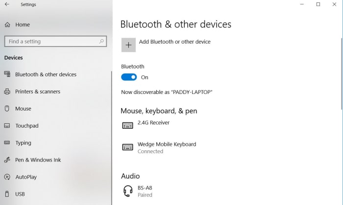 The bluetooth menu on Windows 10