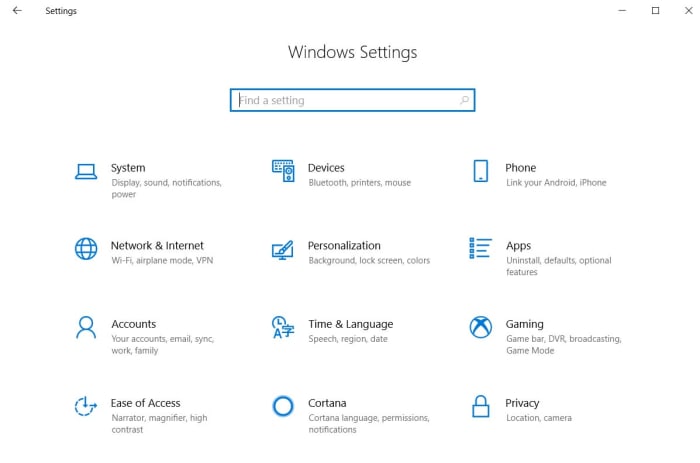 The Windows 10 Settings menu