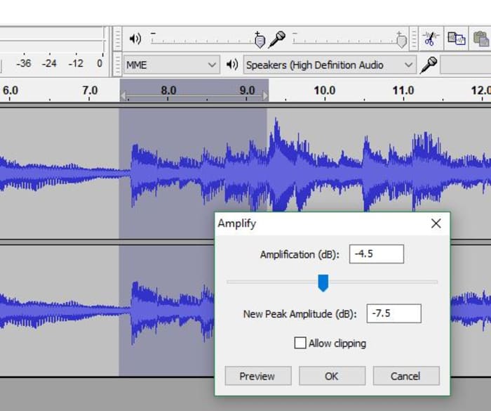 Audacity Amplify tool window