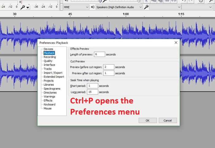 Audacity preferences menu shortcut