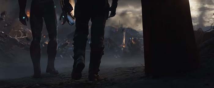 Captain America, Thor, Iron Man walk towards Thanos