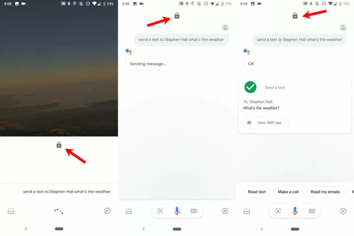 Screenshots of the new Assistant send a text from lockscreen command