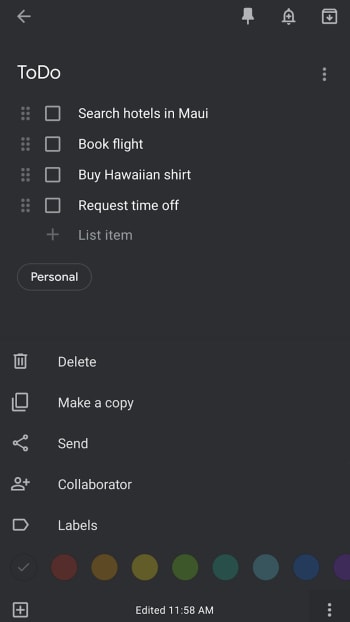Google Keep dark mode