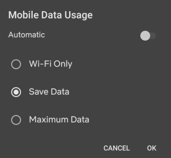 Mobile Netflix data usage screen