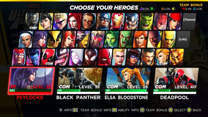 Marvel Ultimate Alliance 3 Hero Select screen