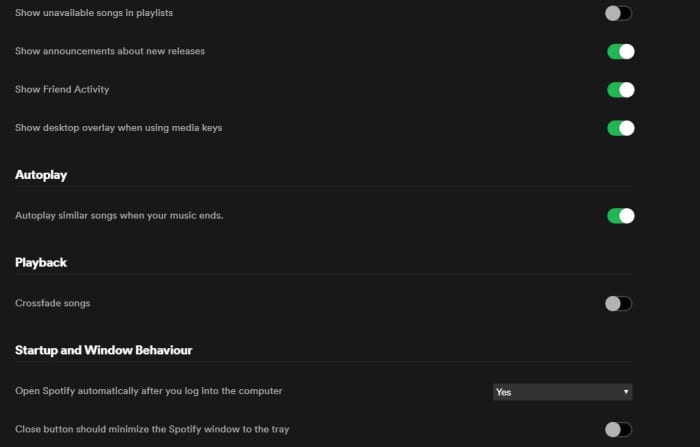 Spotify Settings Playback crossfade