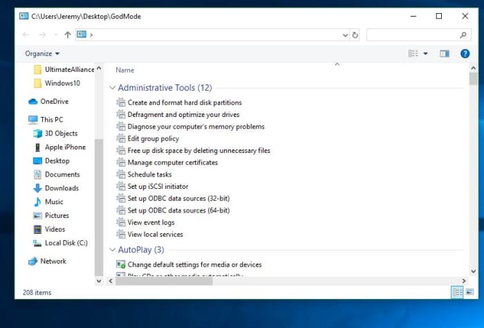 Windows 10 God Mode window