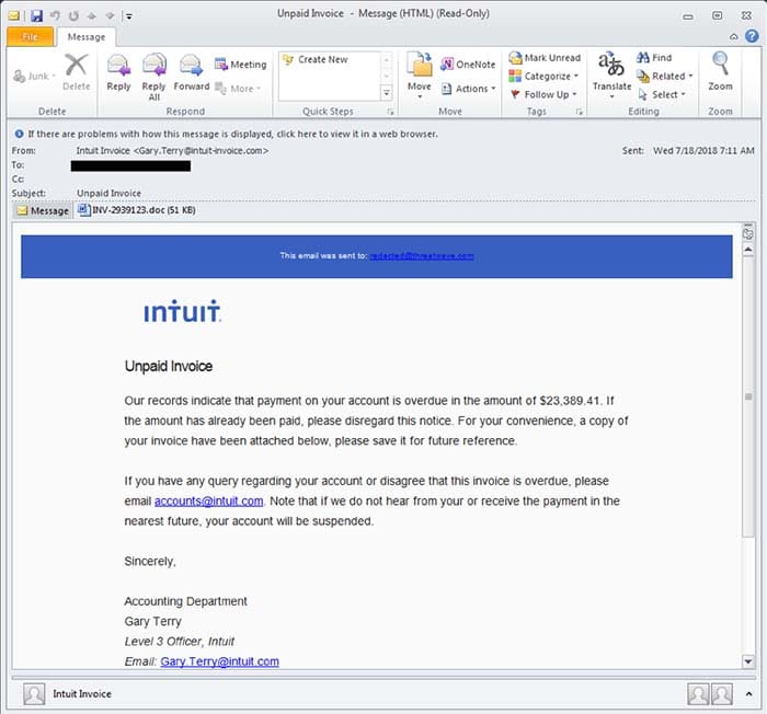Trickbot spam email